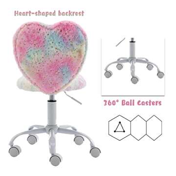 chairus Kids Desk Chair Faux Fur Study Chair for Teenage Girls, Adjustable Heart Shaped Kids Vanity Chair for Bedroom Reading Living Room, Small Cute Student Task Chair with White Foot, Colorful