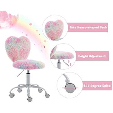 chairus Kids Desk Chair Faux Fur Study Chair for Teenage Girls, Adjustable Heart Shaped Kids Vanity Chair for Bedroom Reading Living Room, Small Cute Student Task Chair with White Foot, Colorful