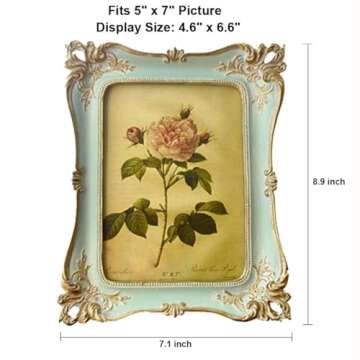 CISOO 5x7 Vintage Picture Frame Antique Ornate Blue Photo Frame, for Table Top and Wall Display, Decorative Floral Design Retro Home Decor, Photo Gallery Art