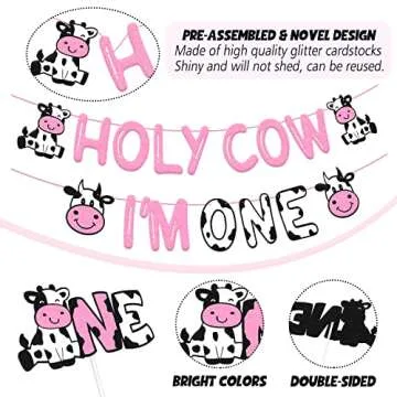 Holy Cow I’m One Birthday Decoration - Cow Theme 1st Birthday Banner Cow One Cake Topper, Kids Boy...