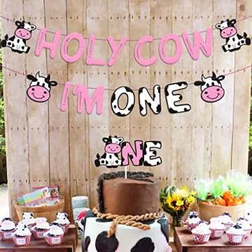 Holy Cow I’m One Birthday Decoration - Cow Theme 1st Birthday Banner Cow One Cake Topper, Kids Boy Girl’s Happy First Birthday Party Supplies Glitter Pink Decor