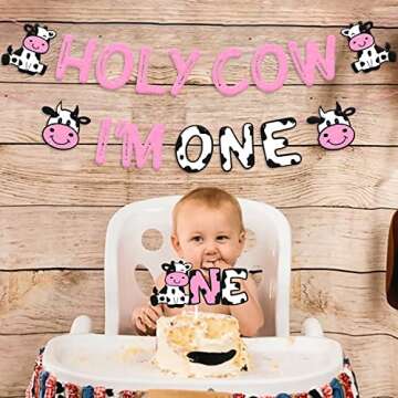 Holy Cow I’m One Birthday Decoration - Cow Theme 1st Birthday Banner Cow One Cake Topper, Kids Boy Girl’s Happy First Birthday Party Supplies Glitter Pink Decor