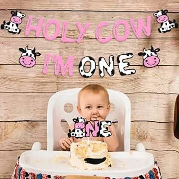 Holy Cow I’m One Birthday Decoration - Cow Theme 1st Birthday Banner Cow One Cake Topper, Kids Boy Girl’s Happy First Birthday Party Supplies Glitter Pink Decor