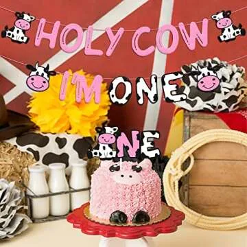 Holy Cow I’m One Birthday Decoration - Cow Theme 1st Birthday Banner Cow One Cake Topper, Kids Boy Girl’s Happy First Birthday Party Supplies Glitter Pink Decor
