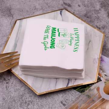 VOWFOO Mah Jongg Mahjong Cocktail Napkins 50Pcs Happiness Is Playing Mahjong With The Girls Napkins For Casual Gatherings Game Nights Bridal Showers Birthday Party 5 x 5 2-ply (Mahjong With Girls)