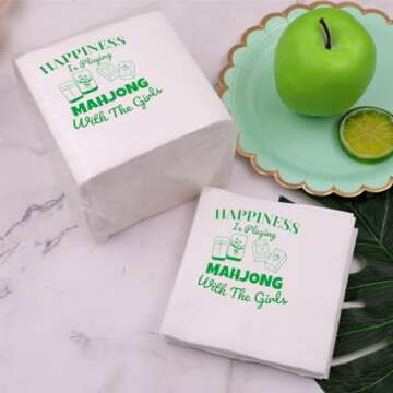 VOWFOO Mah Jongg Mahjong Cocktail Napkins 50Pcs Happiness Is Playing Mahjong With The Girls Napkins For Casual Gatherings Game Nights Bridal Showers Birthday Party 5 x 5 2-ply (Mahjong With Girls)