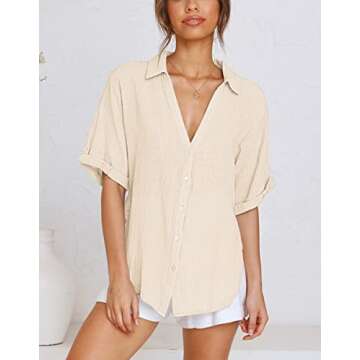 Womens Button Down Linen Shirts V Neck Casual Blouses for Work & Play
