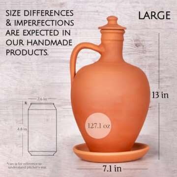 Hakan Anadolu Natural Clay Water Pitcher Set | Unglazed Terracotta Water Carafe & Plate | Traditiona...