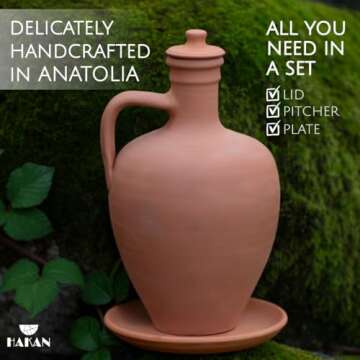 Hakan Anadolu Natural Clay Water Pitcher Set | Unglazed Terracotta Water Carafe & Plate | Traditional Mud Jug | Pottery Jar Cooler for Summer, Water, Beverage | Large | 3.3 qts