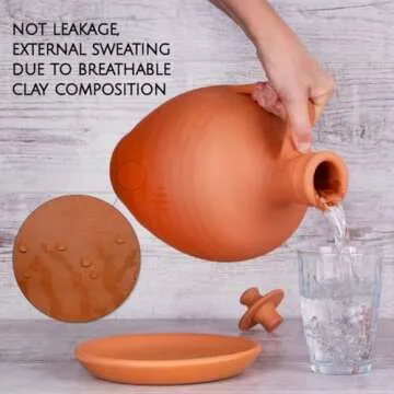 Hakan Anadolu Natural Clay Water Pitcher Set | Unglazed Terracotta Water Carafe & Plate | Traditional Mud Jug | Pottery Jar Cooler for Summer, Water, Beverage | Large | 3.3 qts