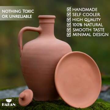 Hakan Anadolu Natural Clay Water Pitcher Set | Unglazed Terracotta Water Carafe & Plate | Traditional Mud Jug | Pottery Jar Cooler for Summer, Water, Beverage | Large | 3.3 qts