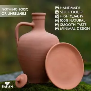 Hakan Anadolu Natural Clay Water Pitcher Set | Unglazed Terracotta Water Carafe & Plate | Traditional Mud Jug | Pottery Jar Cooler for Summer, Water, Beverage | Large | 3.3 qts