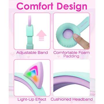 FosPower Kids Headphones with LED Cat Ears (85dB Safe Volume Limit) - Teal/Light Purple
