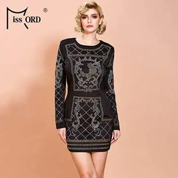 Miss ord Women's Sequin Long Sleeve Bodycon Cocktail Dress Rhinestone Studded Party Mini Club Dress with Zipper Black