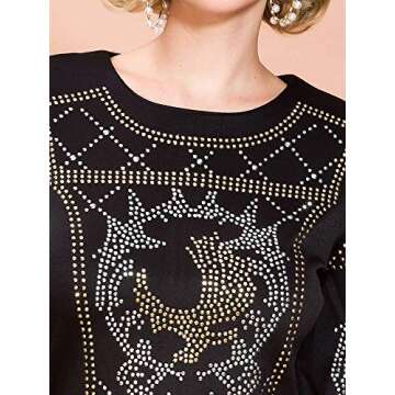 Miss ord Women's Sequin Long Sleeve Bodycon Cocktail Dress Rhinestone Studded Party Mini Club Dress with Zipper Black