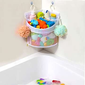Ligereza Baby Bath Toy Organizer, Quick Drying， and Mould Proof, Corner Hang-Suspension Bath Toy Holder, Large Capacity Multi Use bath toy storage（ White）
