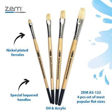 ZEM Hog Bristle Artist Brush Set - Flats 2, 4, 6, 8