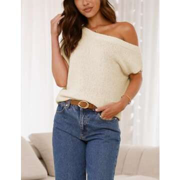 Lviefent Womens Off Shoulder Sweater Y2K Short Sleeve Ribbed Knit Pullover Date Night Top Blouse (Be...