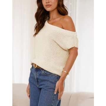 Lviefent Womens Off Shoulder Sweater Y2K Short Sleeve Ribbed Knit Pullover Date Night Top Blouse (Beige-XS)