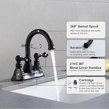 Derengge Two Handle Bathroom Sink Faucet Matte Black 3 Hole Bathroom Faucet with Overflow Pop up Drain, 360° Swivel Spout Sink Faucet 4 Inch Centerset Lavatory Faucet,F-4501-MT