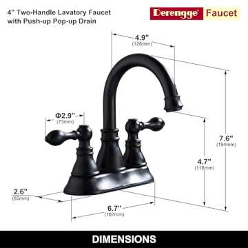 Derengge Two Handle Bathroom Sink Faucet Matte Black 3 Hole Bathroom Faucet with Overflow Pop up Drain, 360° Swivel Spout Sink Faucet 4 Inch Centerset Lavatory Faucet,F-4501-MT