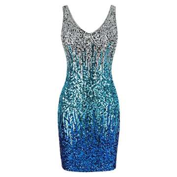 PrettyGuide Women Sexy Deep V Neck Sequin Sparkle Bodycon Stretchy Mini Party Dress Silver/Lake Blue/Blue S