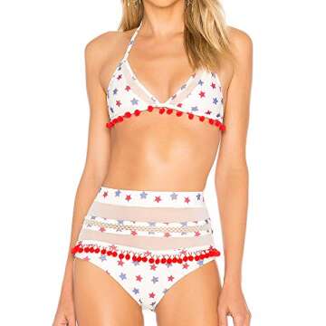 ROVLET Women's High Waist Bikini Set with Tassel Trim