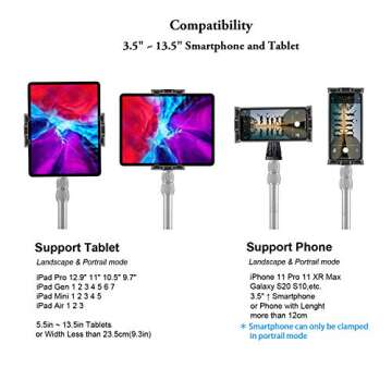 IPad Tripod Mount Adapter 360 Degree Rotatable Universal Tablet Clamp Holder for iPad Pro 12.9 11 10.5, iPad Air Mini, Surface Tab, Galaxy Tab and 3.5 to 13.5in Phone Tablet, for Tripod, Monopod