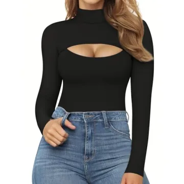 MANGOPOP Black Bodysuit Long Sleeve Mock Neck Cutout