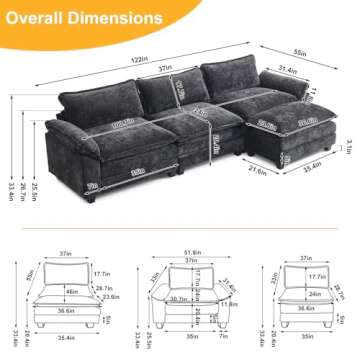 Karl home Sectional Sofa Modular Deep Seat Sofa Couch with Ottoman, Chenille Sofa Sleeper Comfy Upho...