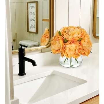 Hollyone Orange Peonies Artificial Flowers in Vase Fall Faux Flowers Peony Fake Flowers Silk Flower Arrangements with Glass Vase with Faux Water for Home Decor Bathroom Table Centerpiece Decorations