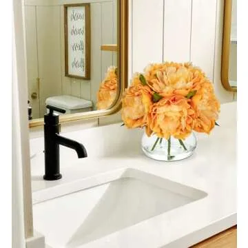 Hollyone Orange Peonies Artificial Flowers in Vase Fall Faux Flowers Peony Fake Flowers Silk Flower Arrangements with Glass Vase with Faux Water for Home Decor Bathroom Table Centerpiece Decorations