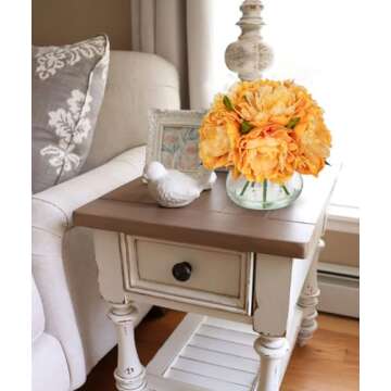 Hollyone Orange Peonies Artificial Flowers in Vase Fall Faux Flowers Peony Fake Flowers Silk Flower Arrangements with Glass Vase with Faux Water for Home Decor Bathroom Table Centerpiece Decorations