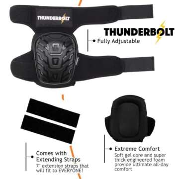 Thunderbolt Knee Pads for Men Construction Knee Pads for Work Knee Pads for Men and Women Gel Knee Pads Gardening Flooring Roofing Heavy Duty Gel Knee Pads Thick Foam Strong Adjustable Non-Slip Straps