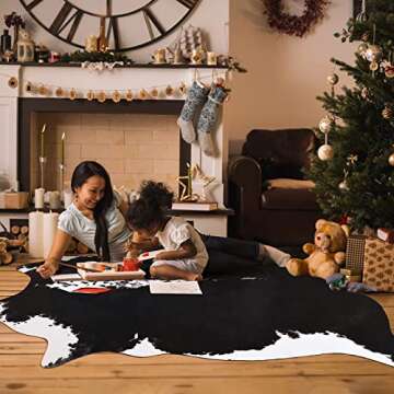 HOMORE Cowhide Rug, Cute Cow Print Rug for Living Room Faux Cow Hide Animal Print Carpet for Bedroom Office Table, 4.6 x 5.2 Feet, Black