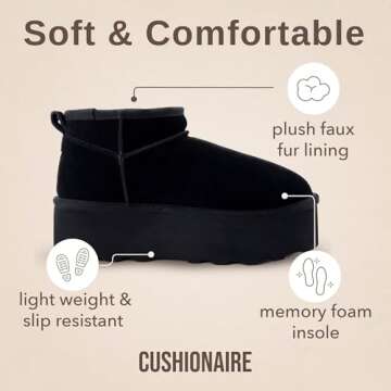 CUSHIONAIRE Hippy Women’s Platform Ankle Boots – Genuine Suede, Faux Fur Lining, Cozy Winter Slip-On Design boots for women, BLACK 6.5