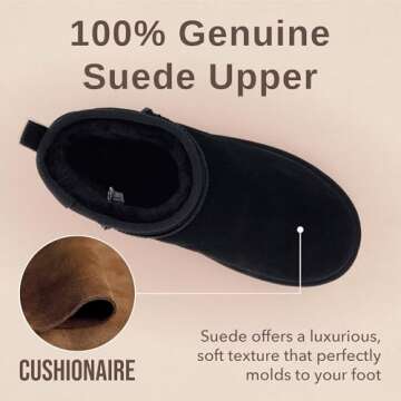 CUSHIONAIRE Hippy Women’s Platform Ankle Boots – Genuine Suede, Faux Fur Lining, Cozy Winter Slip-On Design boots for women, BLACK 6.5