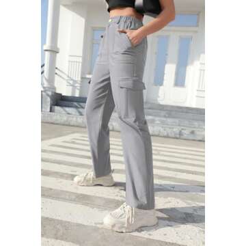 GUOLEZEEV Women Trendy Pants High Waisted Cargo Pants Trousers Casual Work Pants Stretch Jeans Grey Purple L