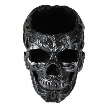 Ebros Gift Tribal Tattoo Floral Skull Pen Holder Figurine 5.75" L Office Desktop Ossuary Skulls Decor Cranium Skeleton Head Stationery Holder As Halloween Macabre Graveyard Spooky Decorative Statue