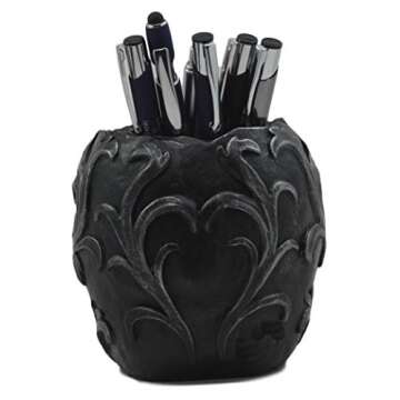 Ebros Gift Tribal Tattoo Floral Skull Pen Holder Figurine 5.75" L Office Desktop Ossuary Skulls Decor Cranium Skeleton Head Stationery Holder As Halloween Macabre Graveyard Spooky Decorative Statue