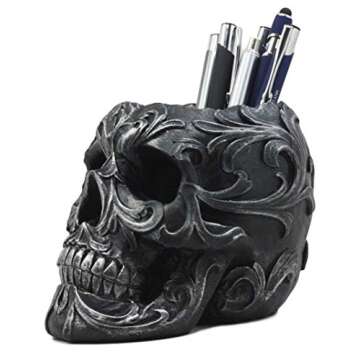 Ebros Gift Tribal Tattoo Floral Skull Pen Holder Figurine 5.75" L Office Desktop Ossuary Skulls Decor Cranium Skeleton Head Stationery Holder As Halloween Macabre Graveyard Spooky Decorative Statue