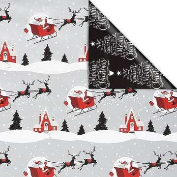 American Greetings 175 sq. ft. Reversible Silver and Black Christmas Wrapping Paper, Santa Sleigh an...