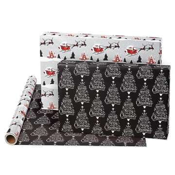 American Greetings 175 sq. ft. Reversible Silver and Black Christmas Wrapping Paper, Santa Sleigh and Merry Christmas Tree (1 Jumbo Roll 30 in. x 70 ft.)