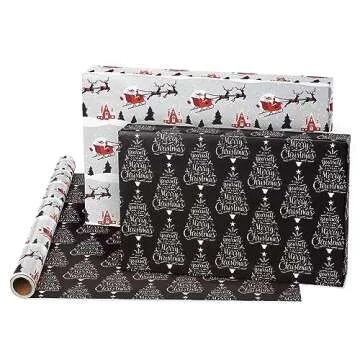 American Greetings 175 sq. ft. Reversible Silver and Black Christmas Wrapping Paper, Santa Sleigh and Merry Christmas Tree (1 Jumbo Roll 30 in. x 70 ft.)