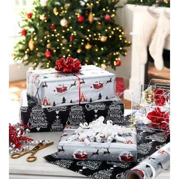 American Greetings 175 sq. ft. Reversible Silver and Black Christmas Wrapping Paper, Santa Sleigh and Merry Christmas Tree (1 Jumbo Roll 30 in. x 70 ft.)