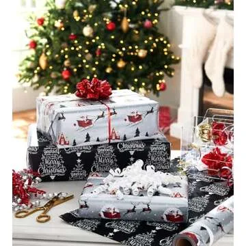 American Greetings 175 sq. ft. Reversible Silver and Black Christmas Wrapping Paper, Santa Sleigh and Merry Christmas Tree (1 Jumbo Roll 30 in. x 70 ft.)