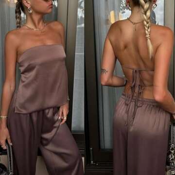 Women Y2K Two Piece Sets Backless Bandeau Tops Wide Leg Pant Suit Flowy Beach Summer Outfit Matching Set, Beach Purple, Large