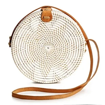 Novum Crafts Round Rattan Bag for Women - Handmade Rattan Straw Bags - Wicker Purse - Boho Bag - Whi...