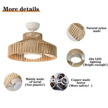 Eamonex 18W LED 20” Dimmable DC Boho Caged Dimmable Ceiling Fan with Light, Fandelier with Fixture Remote Control, 3 Blades Small Cage Round Small Ceiling Fan for Indoor Room Kitchen Bedroom