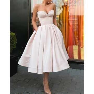 Kibbih Women's Short Prom Dresses Ruched A-line Satin Sequins Tea Length Formal Evening Party Dress with Pockets Pink Size16